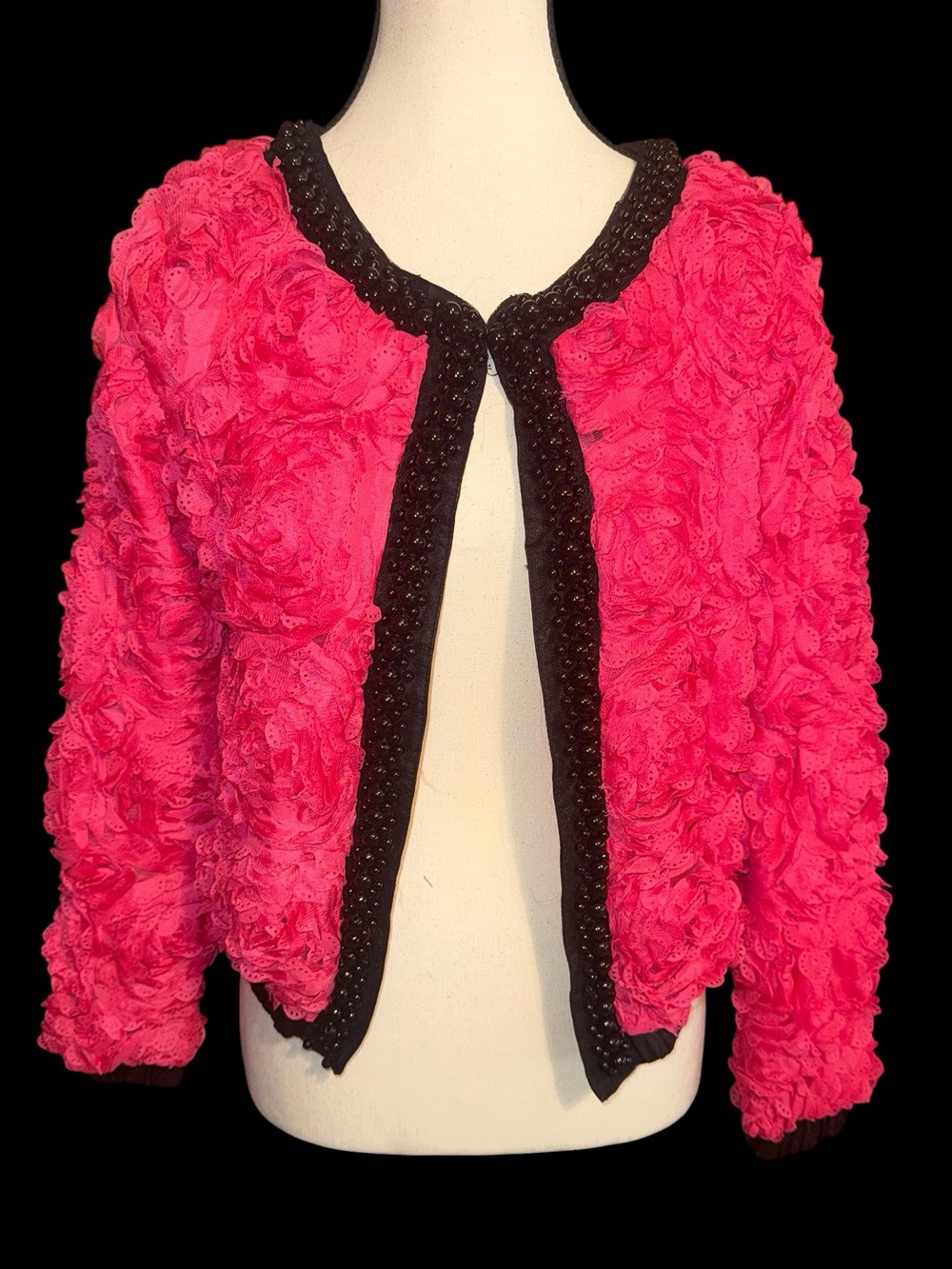 E & Queen open-front bolero jacket. Fuschia black leather laser cut rosettes Y2K